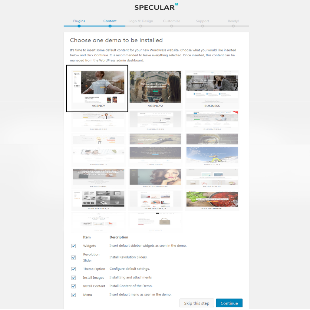 localhost Specular_ wp admin themes.php page specular setup step default_content3
