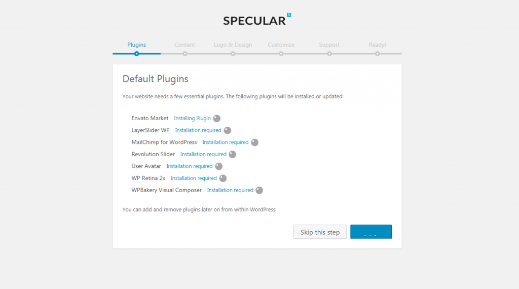 localhost Specular_ wp admin themes.php page specular setup step default_plugins