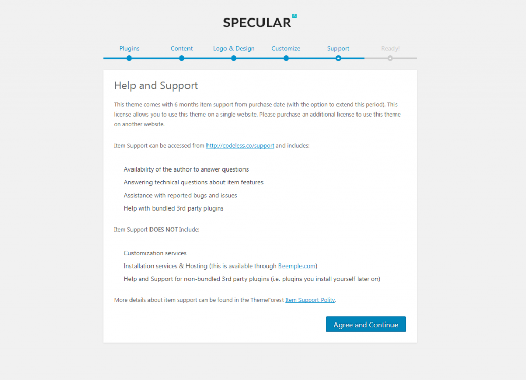 localhost Specular_ wp admin themes.php page specular setup step help_support