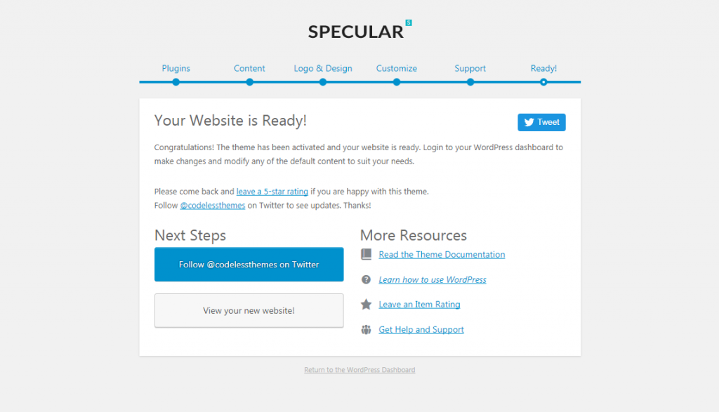 localhost Specular_ wp admin themes.php page specular setup step next_steps