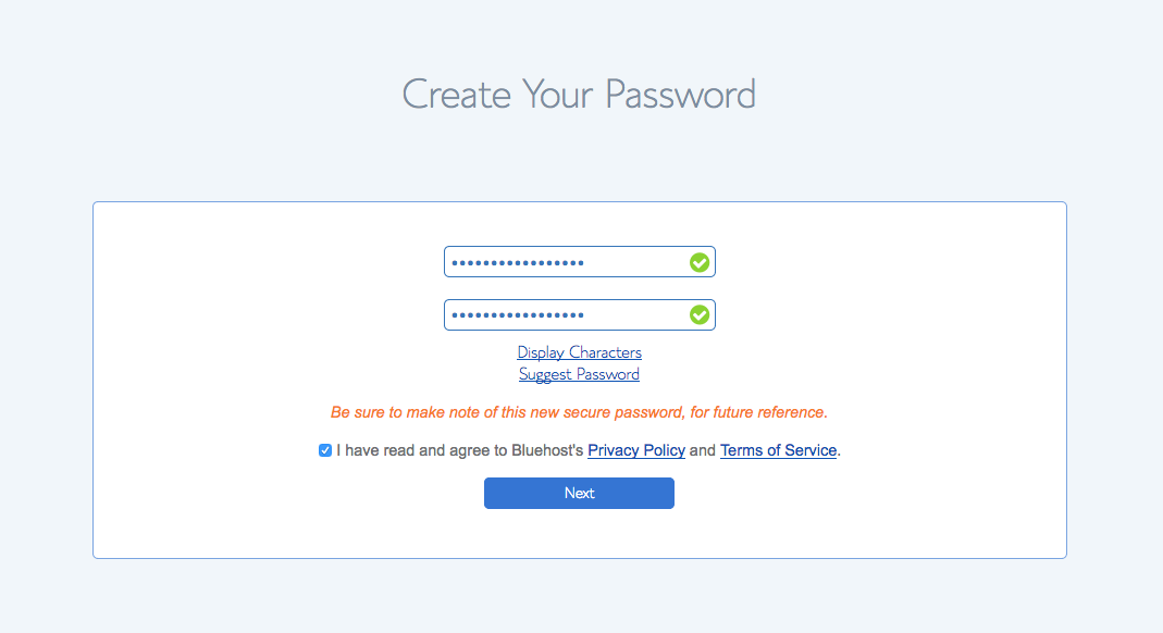 Bluehost create password