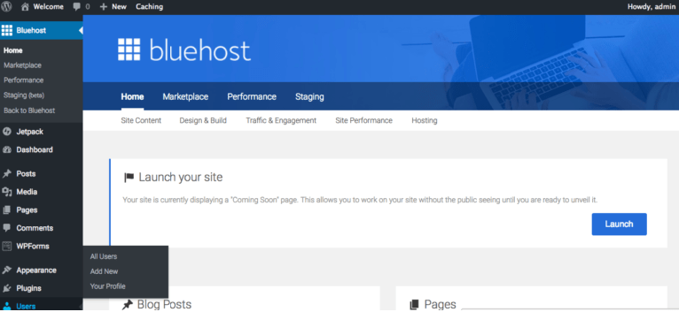 Bluehost WordPress Dashboard