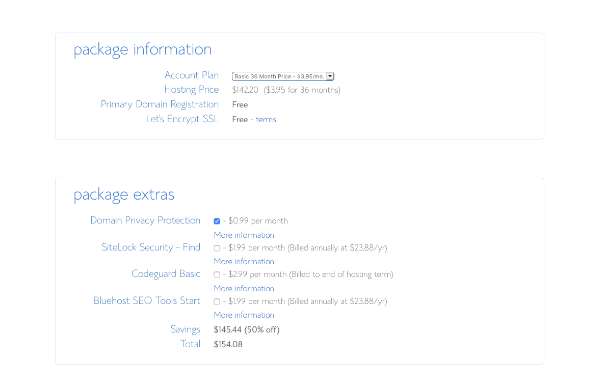 Hosting Package Information on Bluehost
