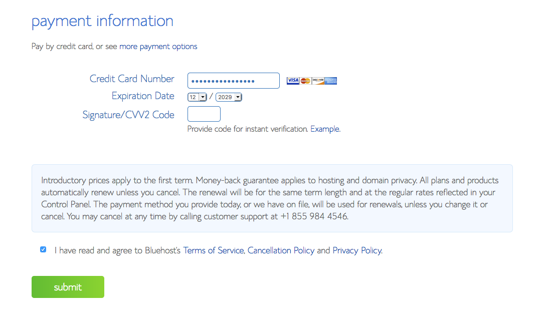 Bluehost Payment details