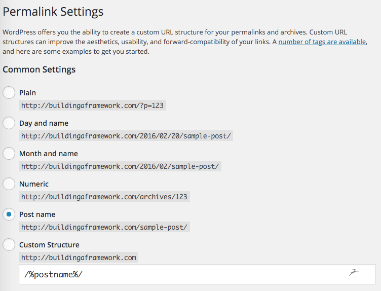 Permalink settings screen