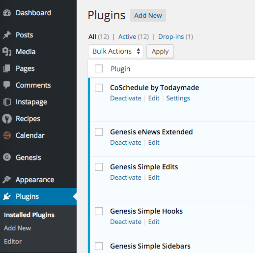 WordPress plugins screen