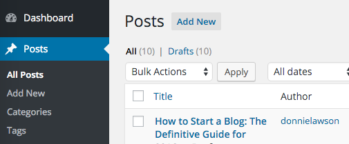 WordPress posts screen