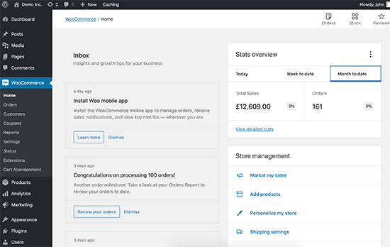 WordPress as Ecommerce: WooCommerce dashboard