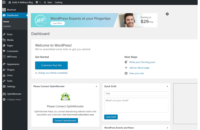 Starting fitness blogging with WordPress: Dashboard