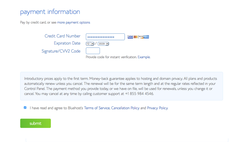 Configuring Bluehost with WordPress: Payment Information