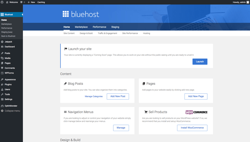 Install WordPress: Bluehost Dashboard