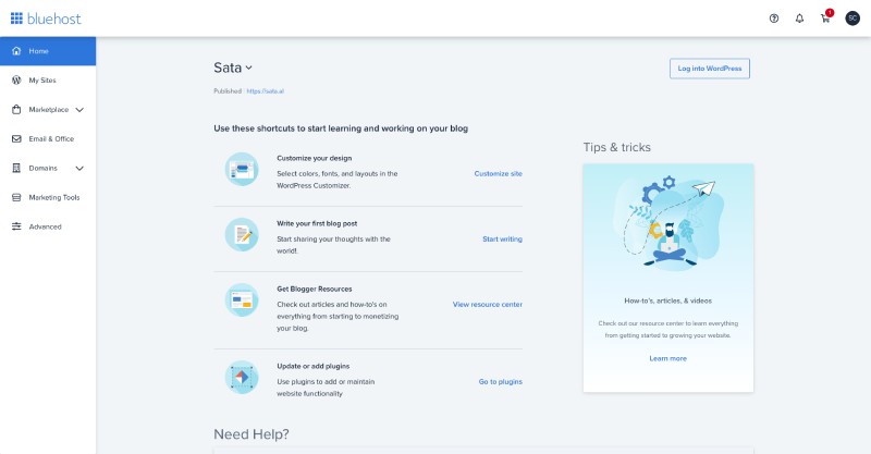 Bluehost WordPress dashboard