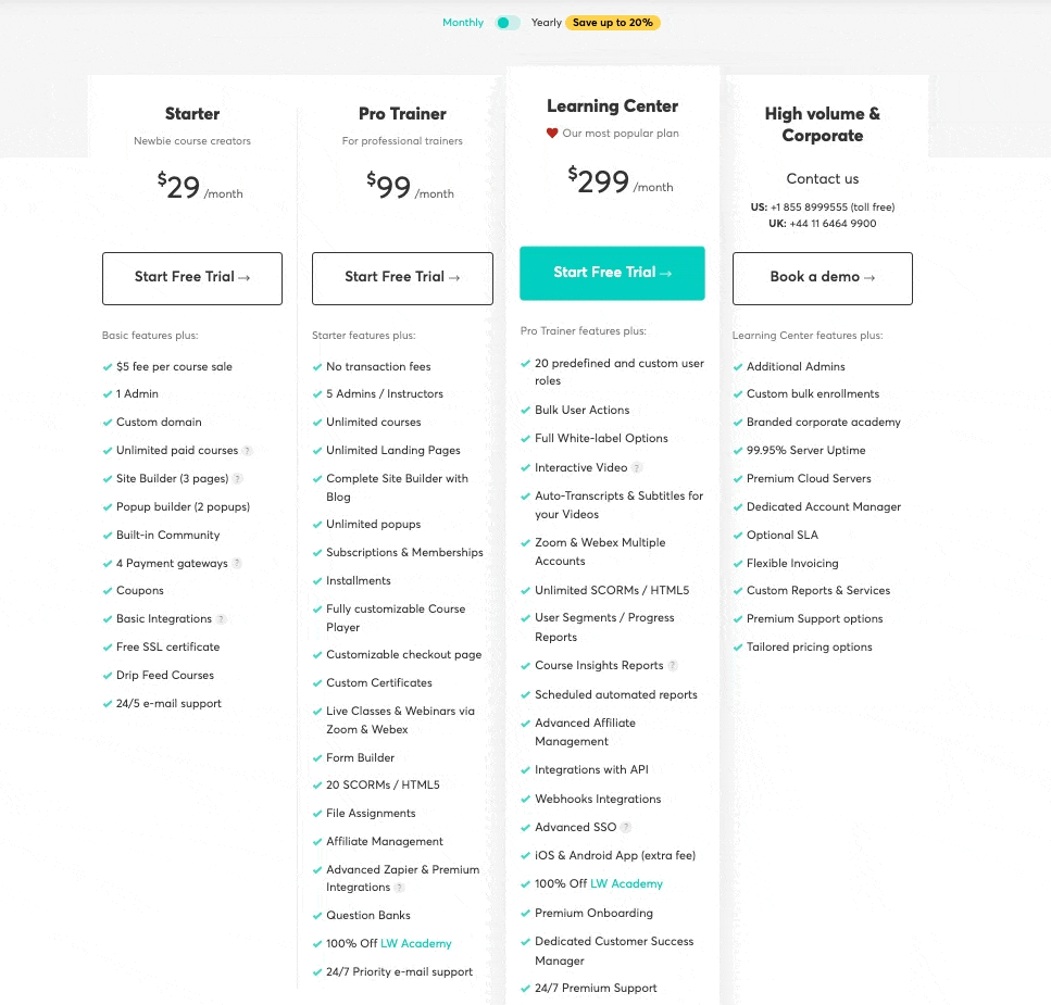 Learnworlds pricing - monthly and yearly packages