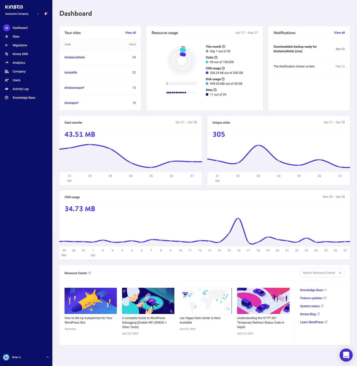 Kinsta main dashboard