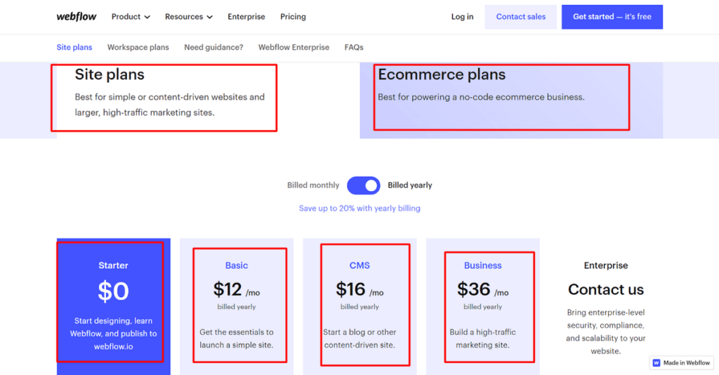 webflow pricing