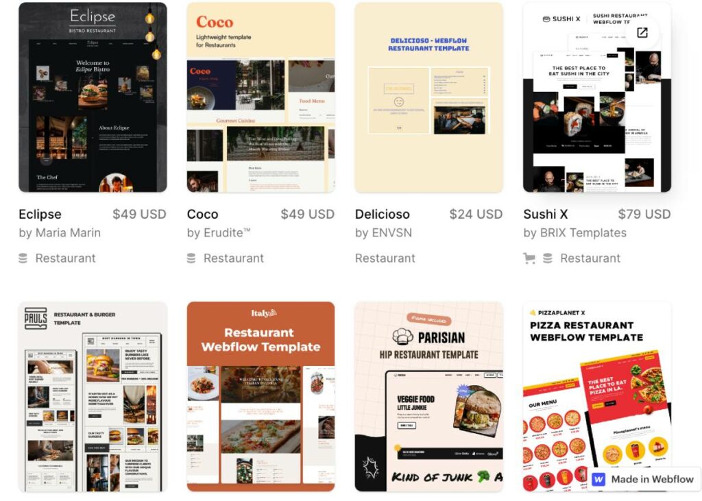 webflow restaurant templates
