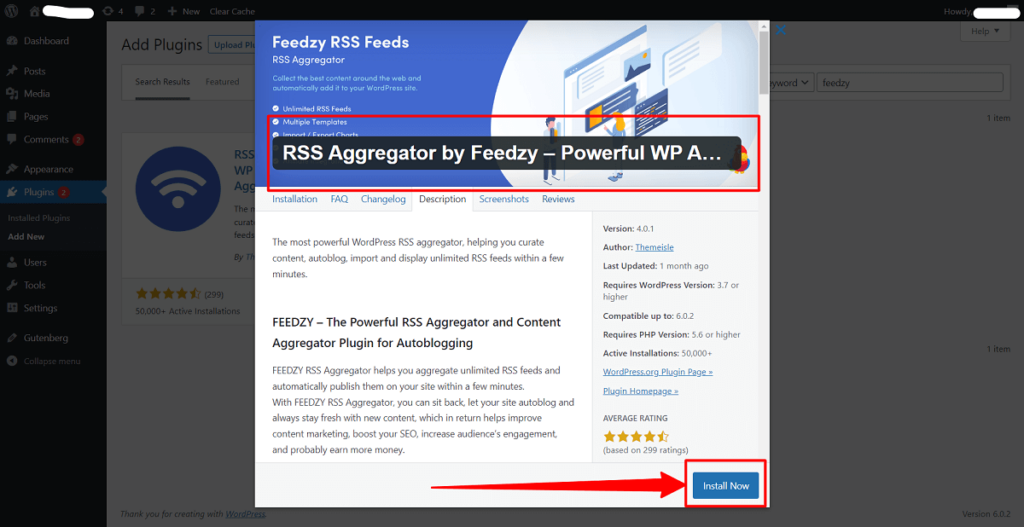 install rss aggreator by feedzy