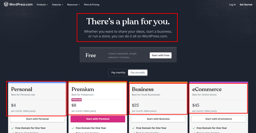 WordPress.com hosting plans