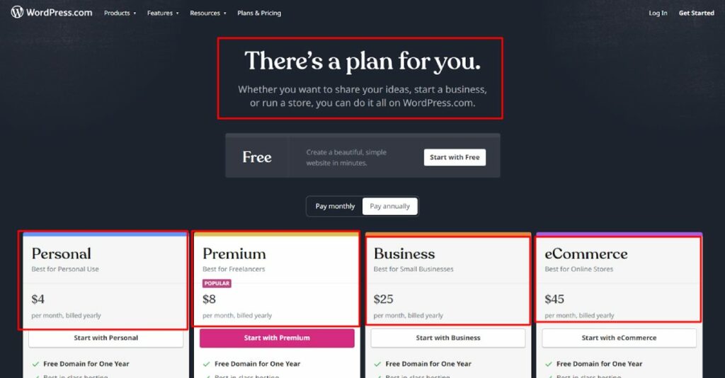 wordpress.com pricing plan