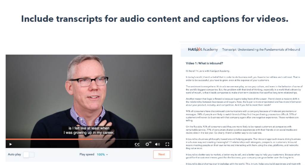 include transcripts for audio content and captions for video
