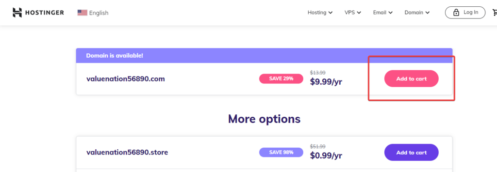 Add to cart option from Hostinger domain registration process