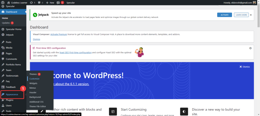 Appearance button WordPress dashboard