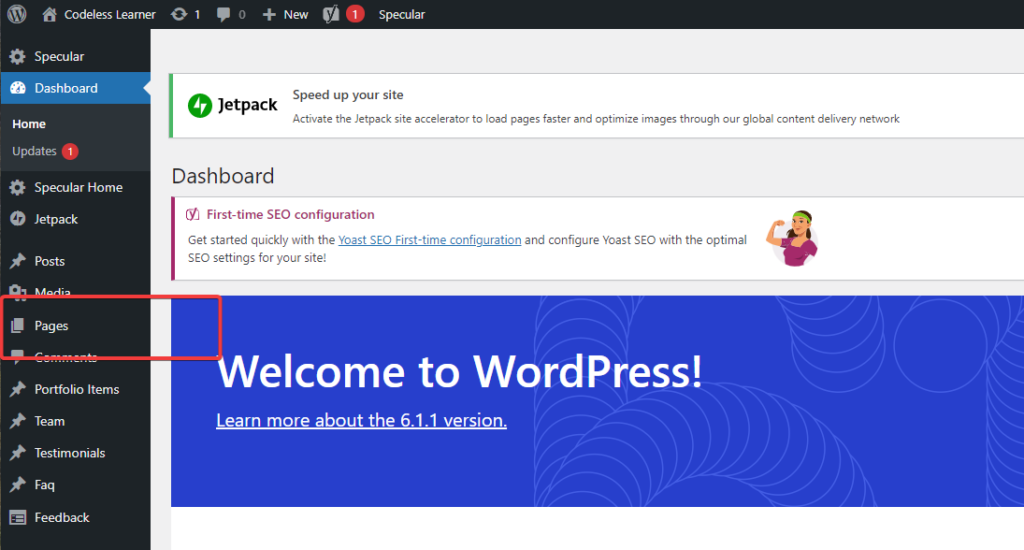 Pages button on WordPress Dashboard