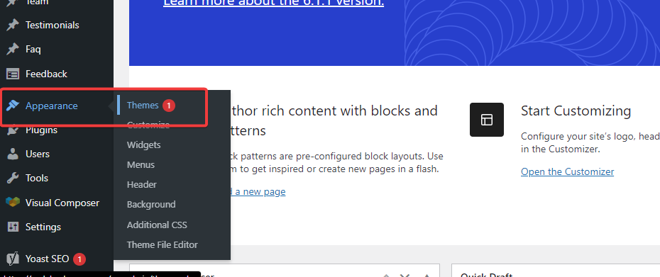 Theme button under Appearance n WordPress Dash