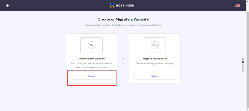Create a new website option on Hostinger