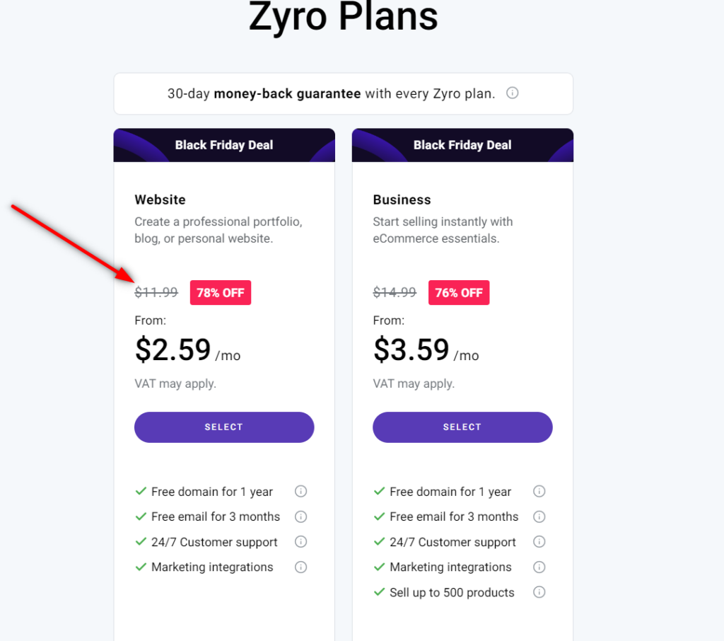 zyro pricing plan