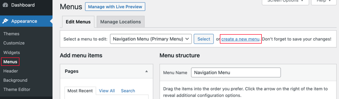 Create a new menu in WordPress