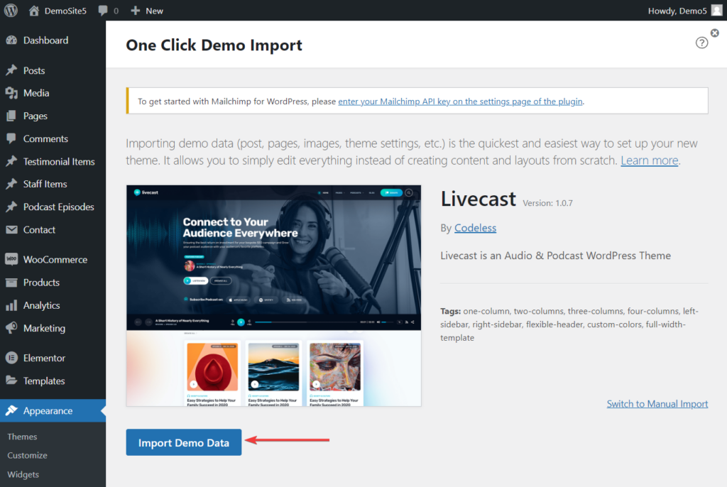 import demo data on livecast wordpress theme