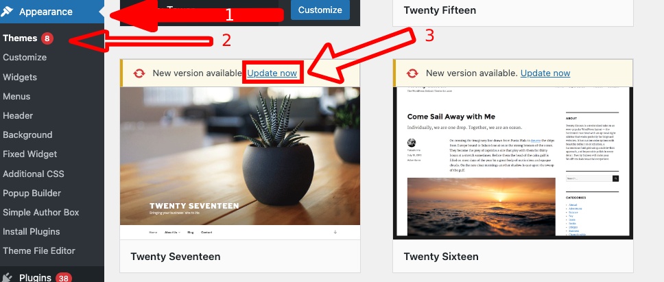 update theme on Appearance > Themes