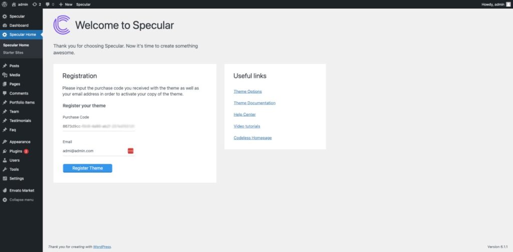 register Specular WordPress theme