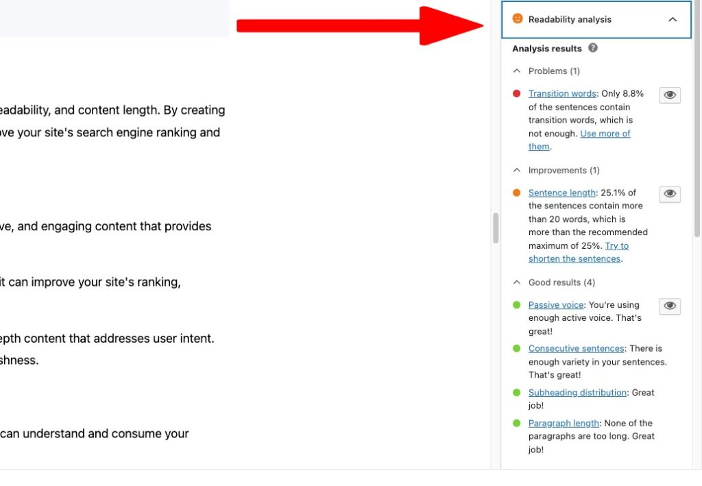readability analysis through yoast