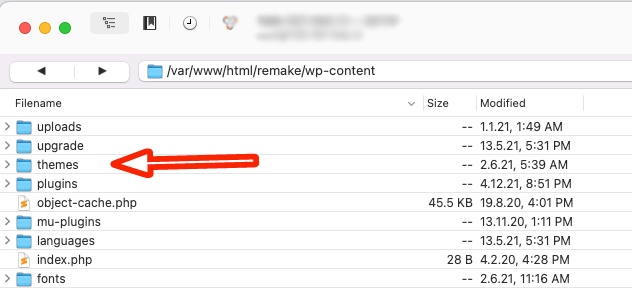 wp-content/themes folder on on ftp client software