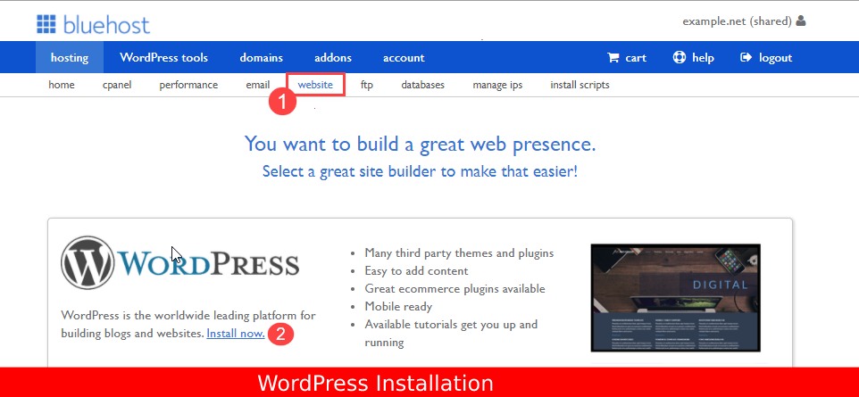 install WordPress in Bluehost