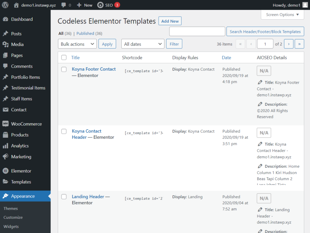 header and footer options