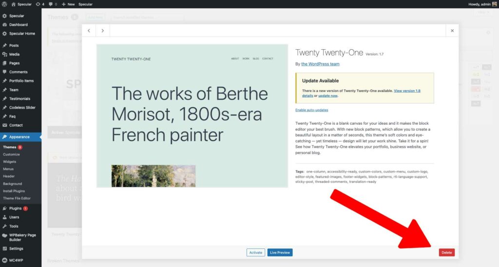 delete theme through WordPress Dashboard