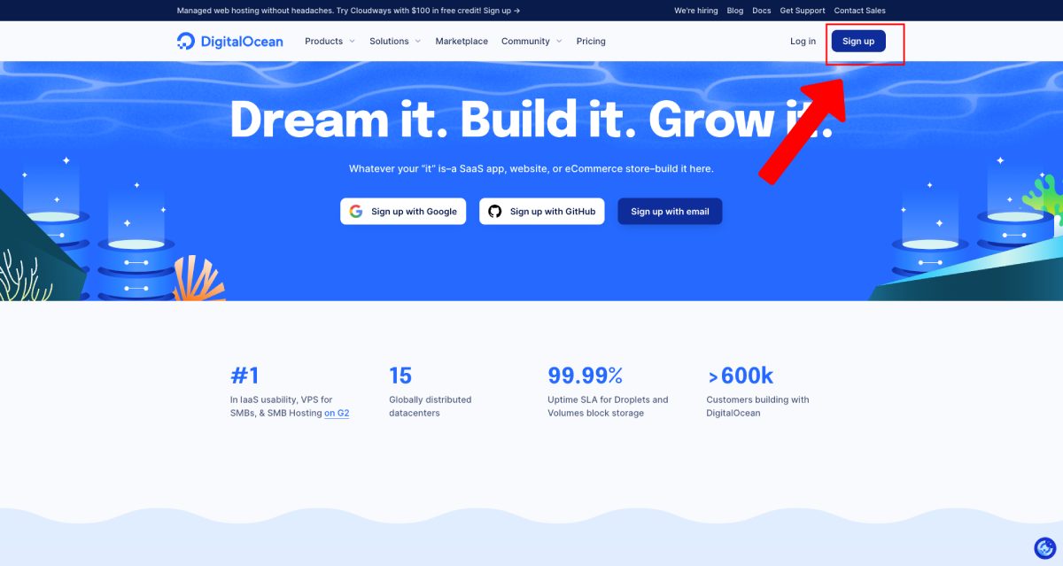 sign up to DigitalOcean