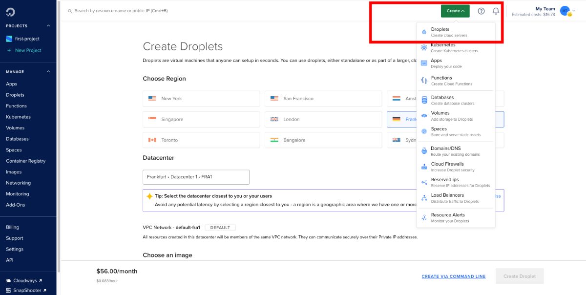 DigitalOcean Dashboard > Create > Droplets