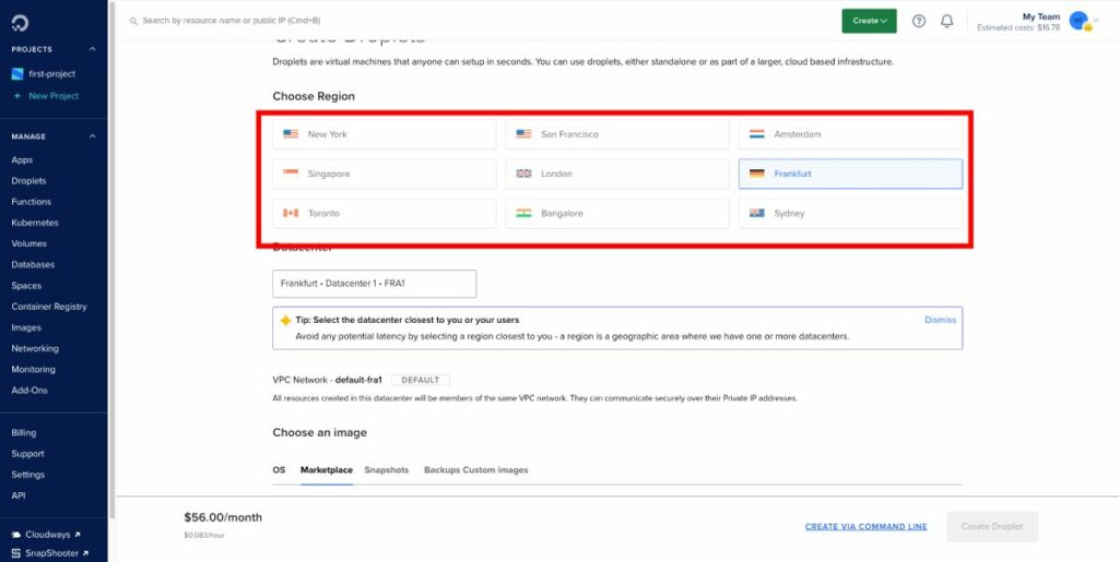 choose region for LEMP installation