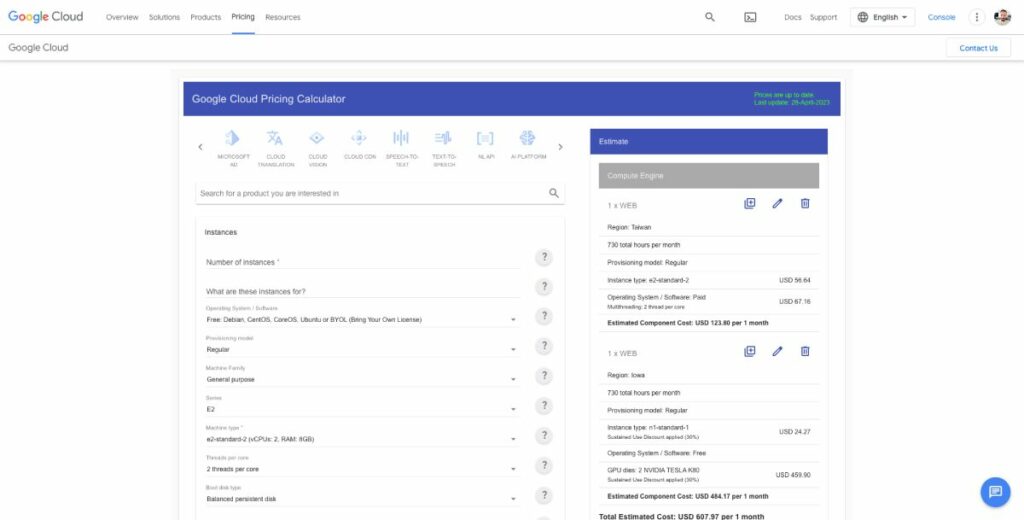 Google Cloud VPS pricing calculator