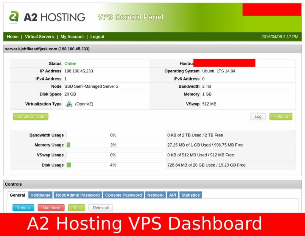 a2 hosting Unmanaged VPS Dashboard