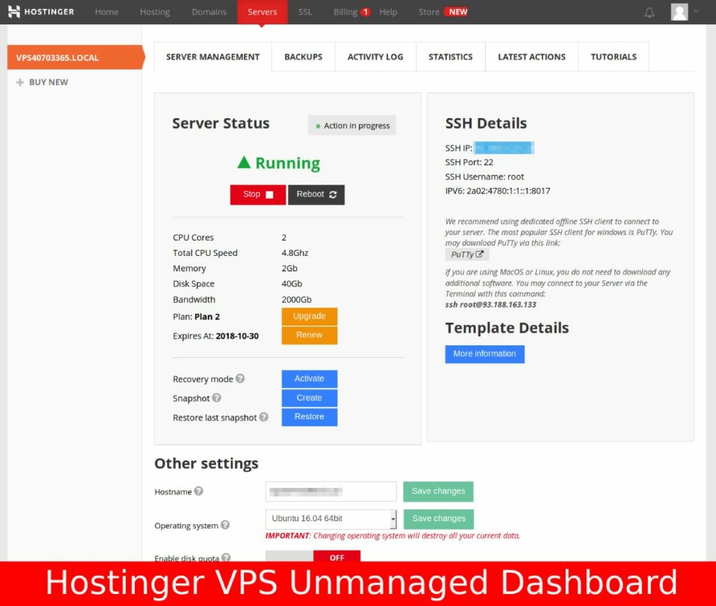 Hostinger Unmanaged VPS Dashboard