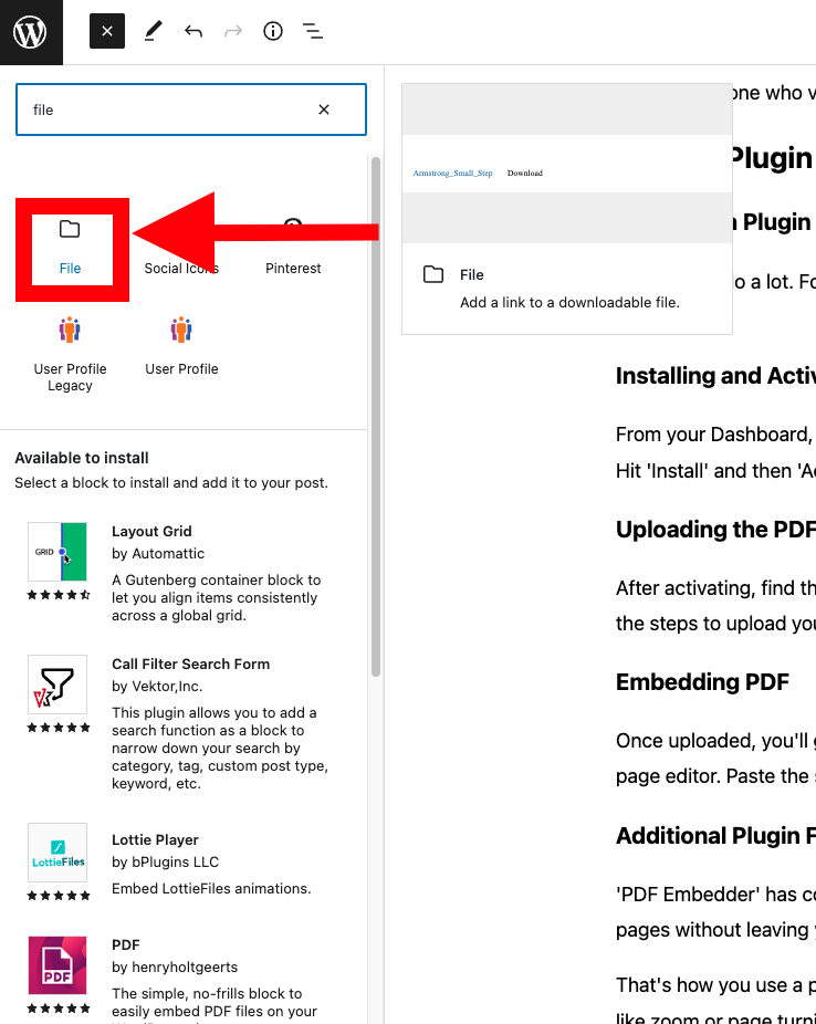 file widget block for upload pdf file